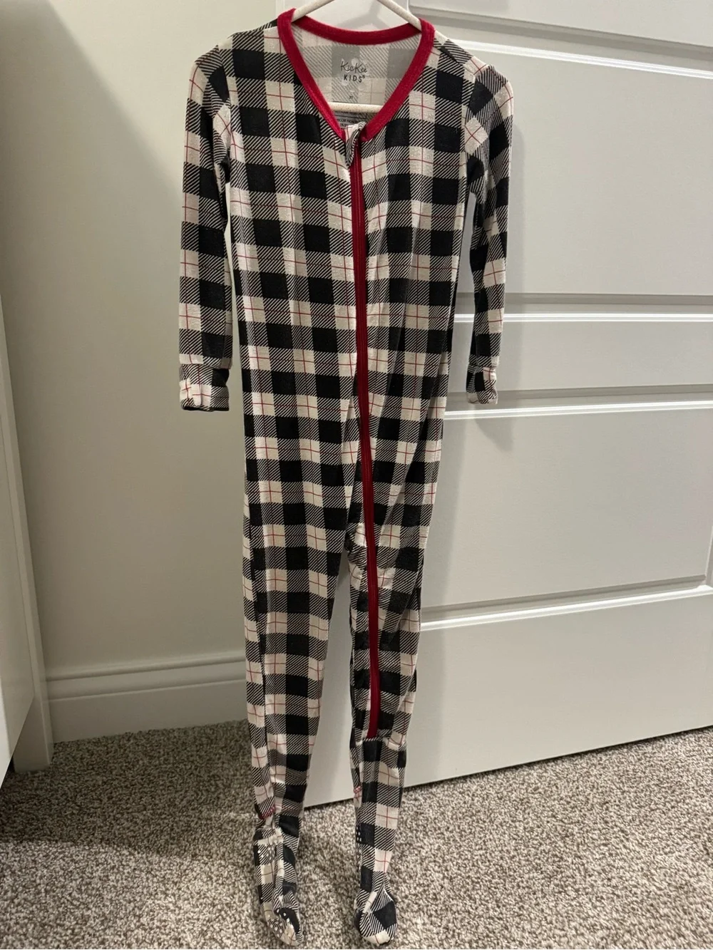 Set of Kickee Pants Red-Trim Zip Rompers - Black & White Plaid and Blue Pattern